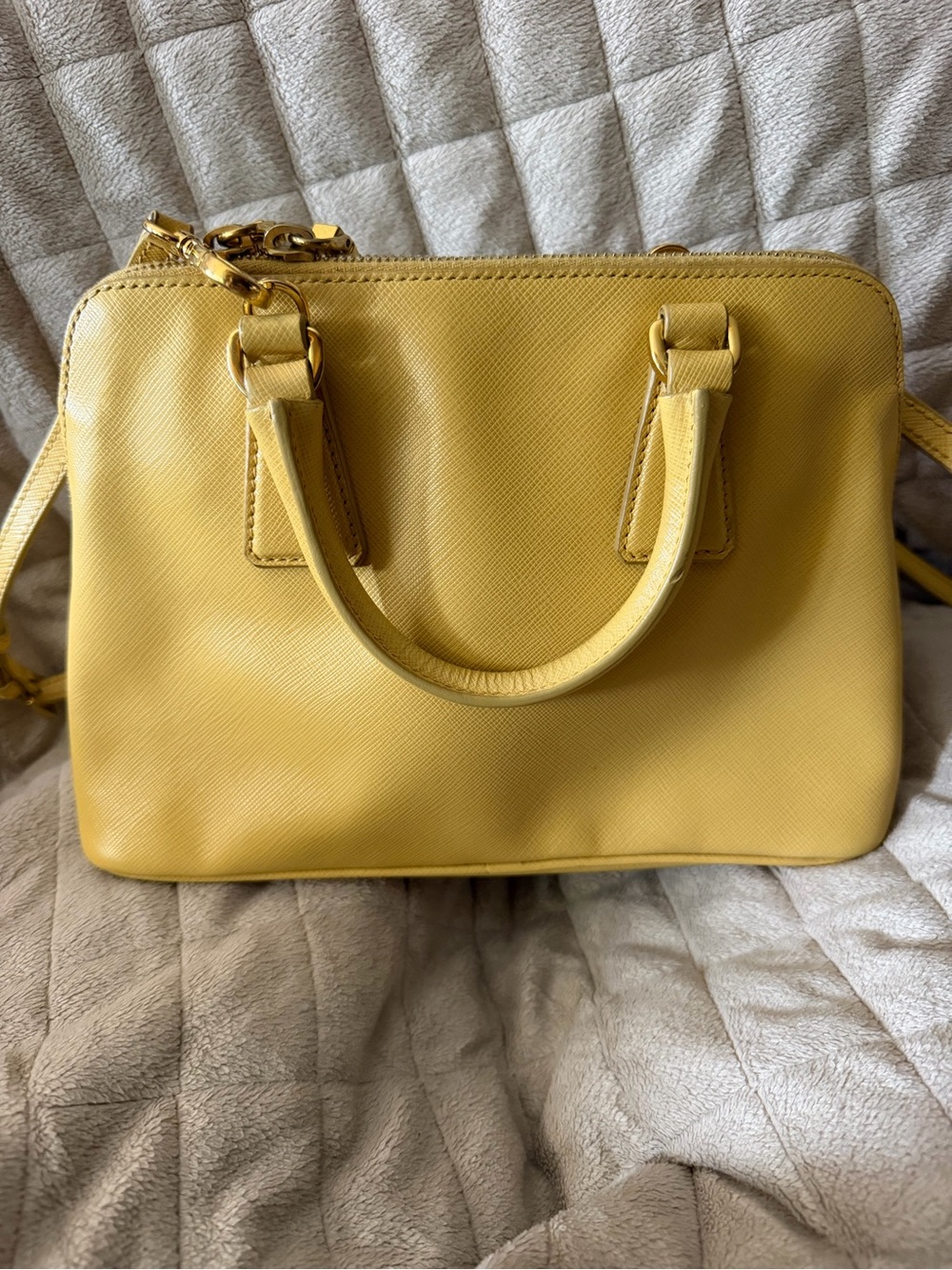 PPRADA Small Double Top-Handle Satchel/Crossbody in Yellow Saffiano Leather - Picture 7 of 16